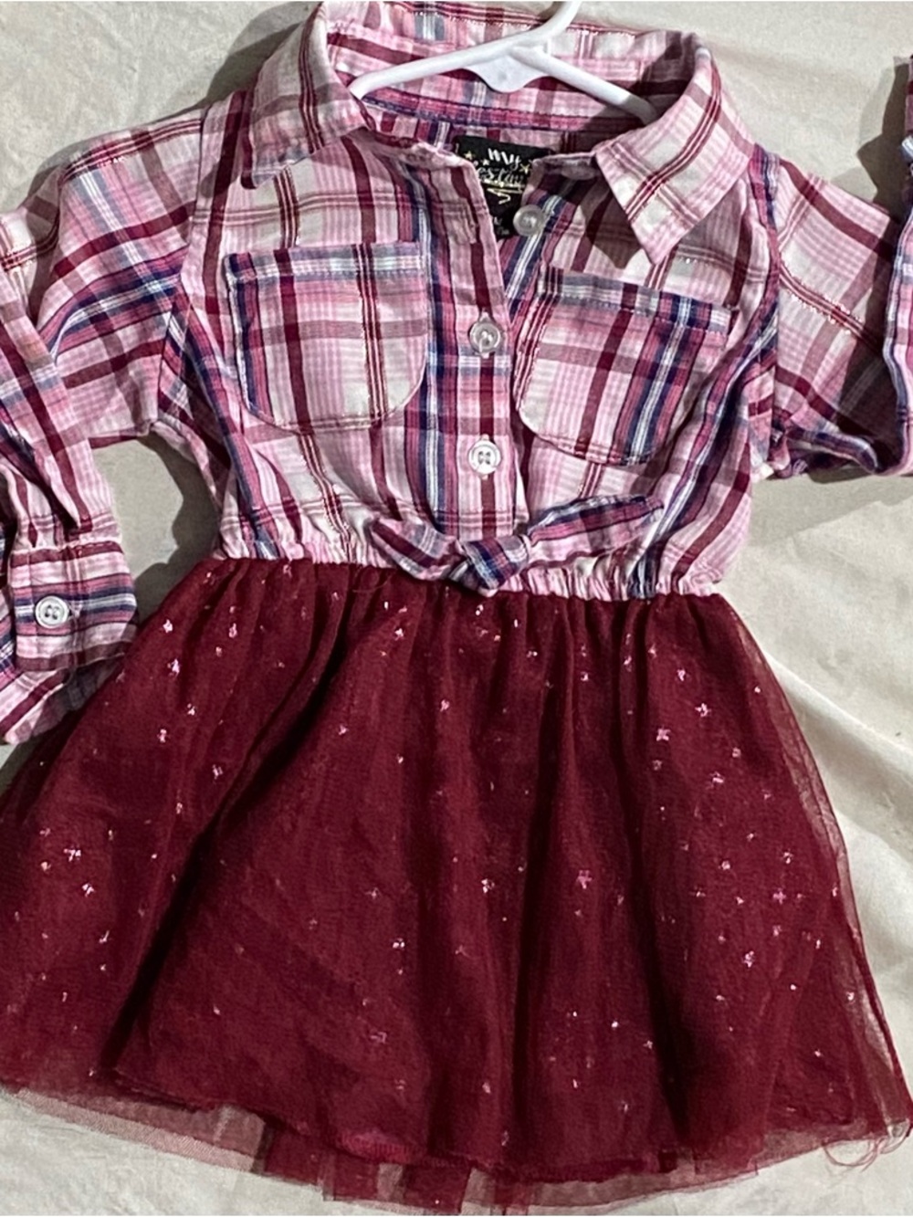 Girls' Pink Plaid Top with Burgundy Tulle Skirt Dress